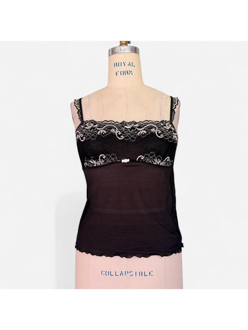 Y2K Lace Trim Sheer Mesh Cami in Black